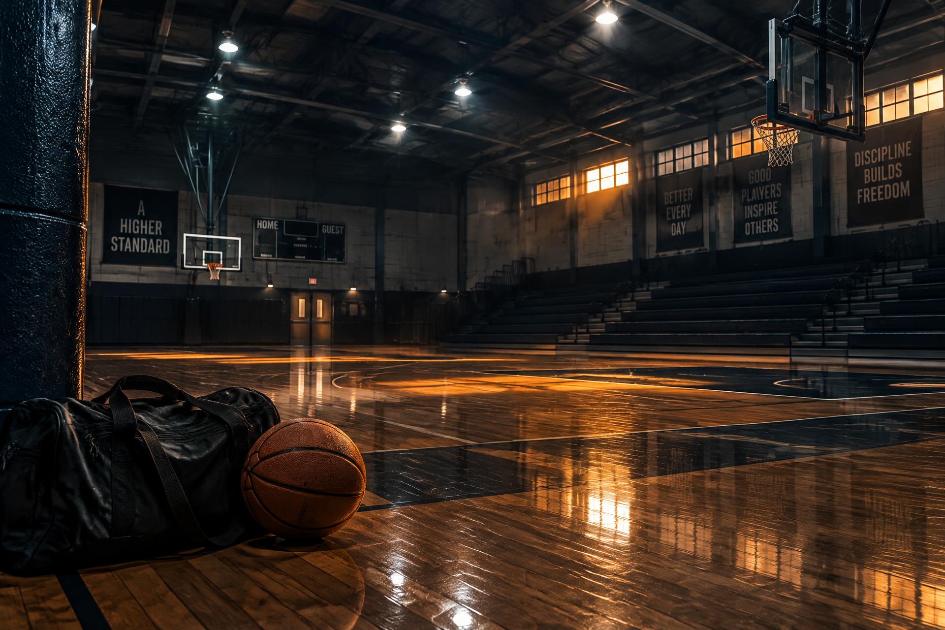 Empty indoor gymnasium basketball court lit for an evening pickup run