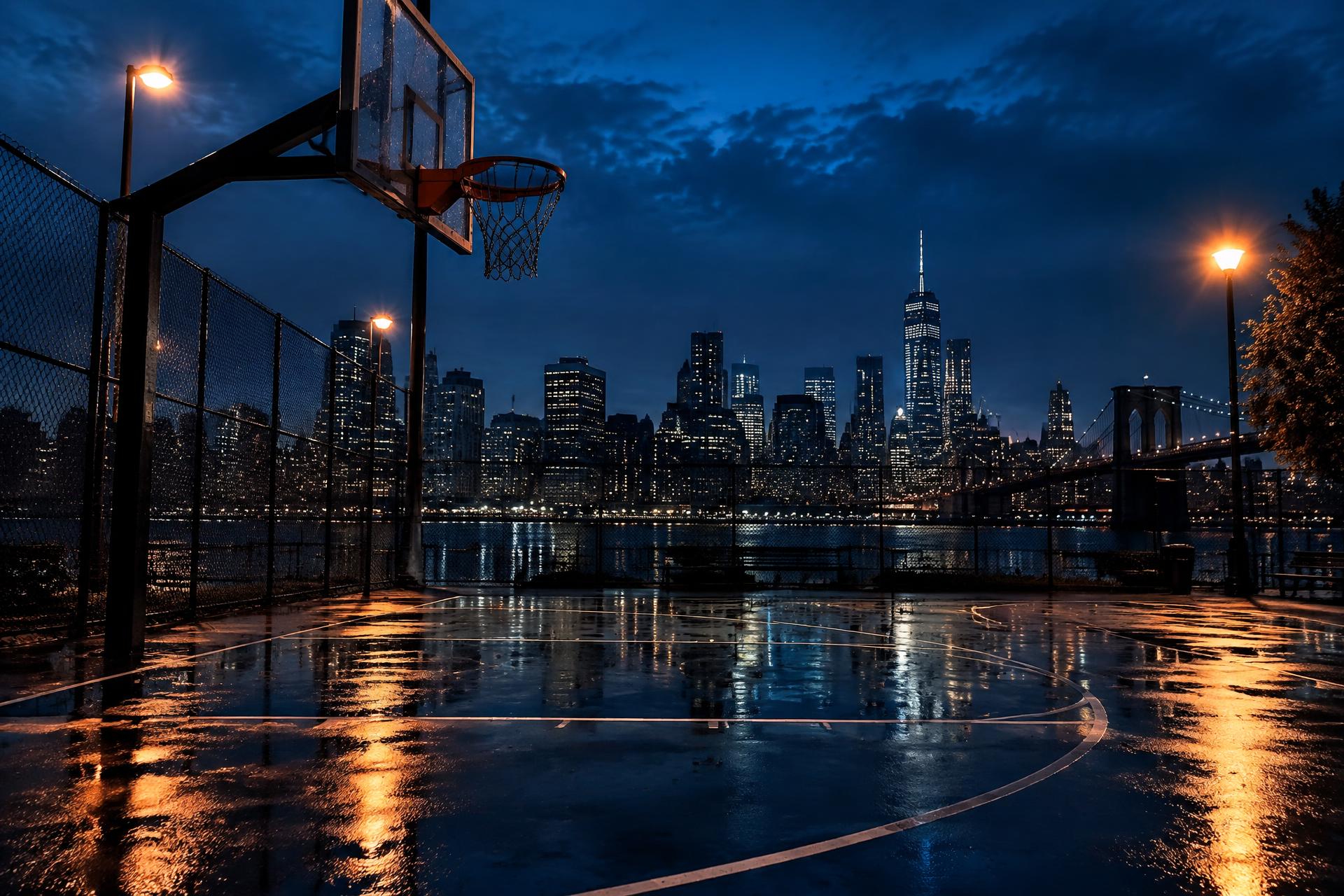 Floodlit outdoor basketball court at dusk with a city skyline behind it